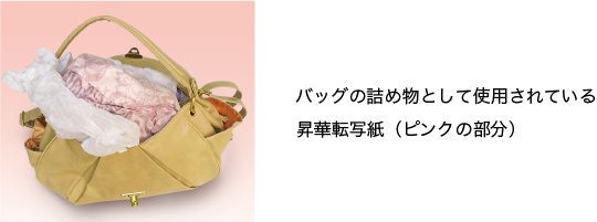 バッグの詰め物として使用されている昇華転写紙（ピンクの部分）